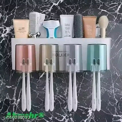 Toothbrush Holder Wall Mounted Bathroom Shelf - 8 Brush Slots, Toothbrush Holder and Storage & Cup Holder, Plastic, Multicolor, Bathroom Organizer for Family, Space Saving and Dry Design-4 Cup