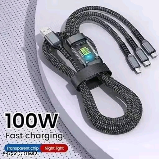 100W 3-in-1 Fast Charging Cable with USB, Type-C, Lightning Connectors – Universal Compatibility Ideal for SmartPhone, Tablet, Laptop or Any Compatible Devices- Black