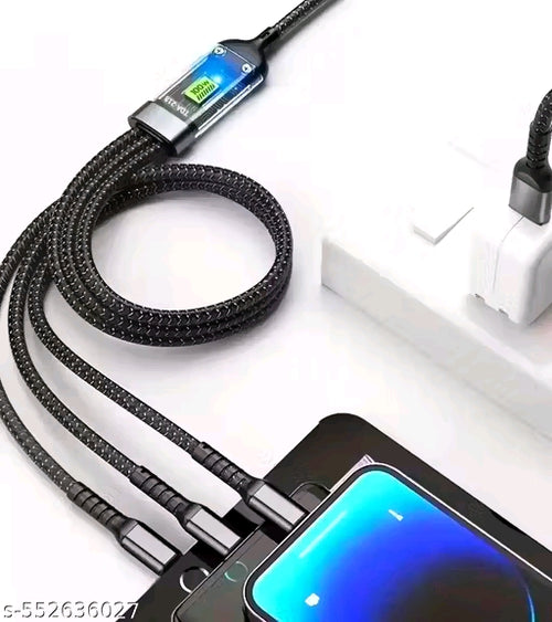 100W 3-in-1 Fast Charging Cable with USB, Type-C, Lightning Connectors – Universal Compatibility Ideal for SmartPhone, Tablet, Laptop or Any Compatible Devices- Black