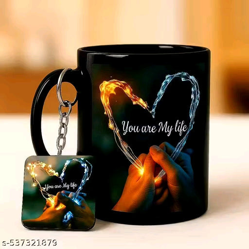 Moms Creator "Heart Loving Couple Coffee Mug with square keychain /Cup for Birthday Gift with square keychain - Black, Ceramic Mugs, 350ml" with square keychain