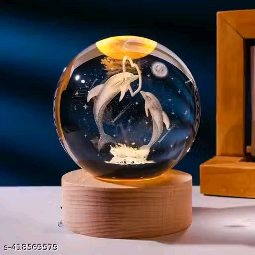 3D Dolphin Crystal Ball Night Lamp,Dolphin Crystal Ball Night Light with ON/Off Switch Button, USB Cable Colorful LED Wooden Crystal Ball for Home Decoration Birthday Gift (Dolphin)