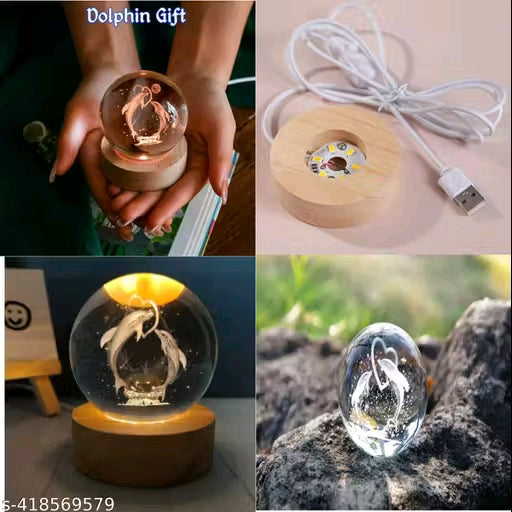 3D Dolphin Crystal Ball Night Lamp,Dolphin Crystal Ball Night Light with ON/Off Switch Button, USB Cable Colorful LED Wooden Crystal Ball for Home Decoration Birthday Gift (Dolphin)