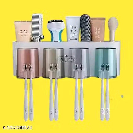 Toothbrush Holder Wall Mounted Bathroom Shelf - 8 Brush Slots, Toothbrush Holder and Storage & Cup Holder, Plastic, Multicolor, Bathroom Organizer for Family, Space Saving and Dry Design-4 Cup