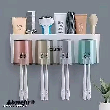 Toothbrush Holder Wall Mounted Bathroom Shelf - 8 Brush Slots, Toothbrush Holder and Storage & Cup Holder, Plastic, Multicolor, Bathroom Organizer for Family, Space Saving and Dry Design-4 Cup